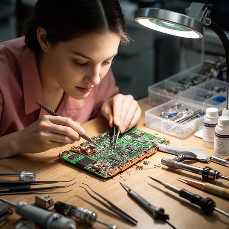 Técnica revisando componentes electrónicos sobre una mesa de trabajo iluminada