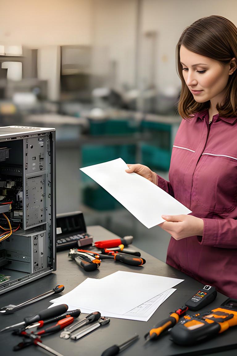 Técnica revisando una orden de reparación junto a equipos electrónicos en un taller de Sabadell