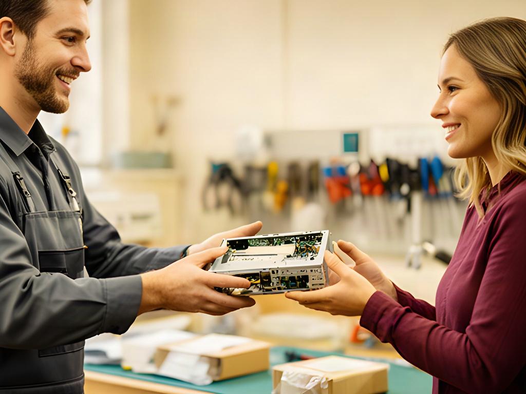 Técnico entregando un equipo reparado y explicado al cliente en el taller