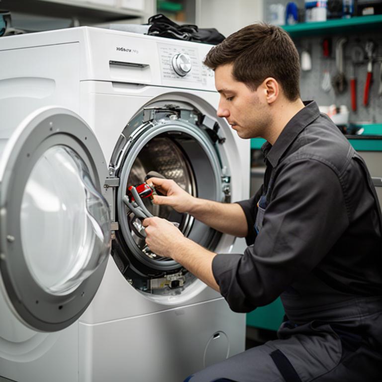 Técnico revisando una lavadora abierta en un taller de reparación de electrodomésticos