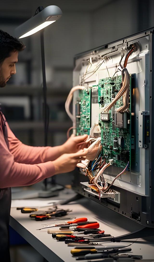 Técnico ajustando una televisión en un taller ordenado