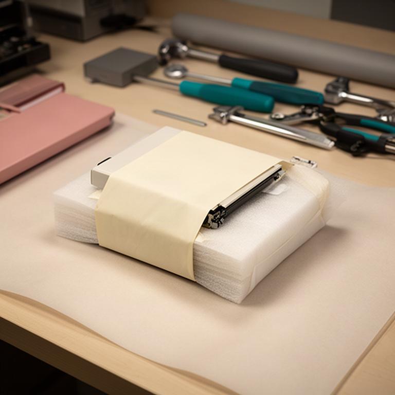 Equipo reparado y empaquetado sobre una mesa de trabajo antes de su entrega