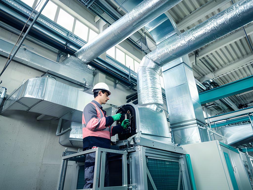 Técnico realizando mantenimiento en un sistema de climatización industrial
