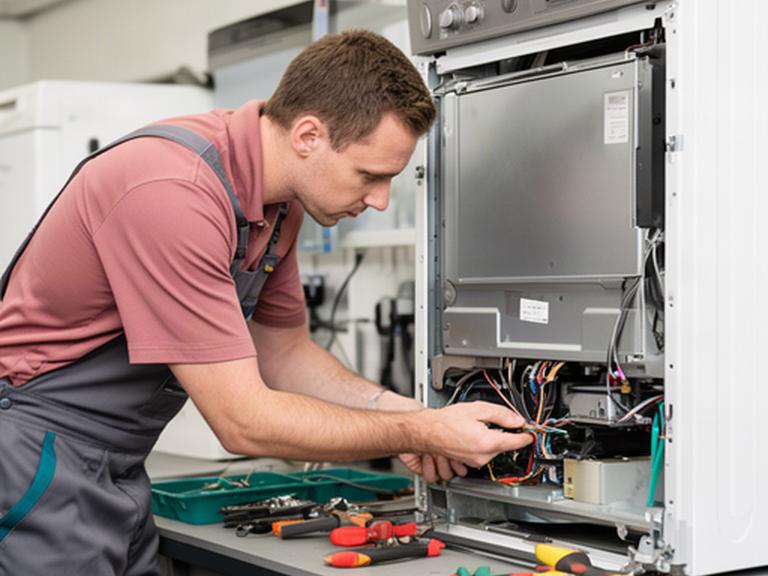 Técnico revisando el panel de un electrodoméstico durante una reparación en un taller