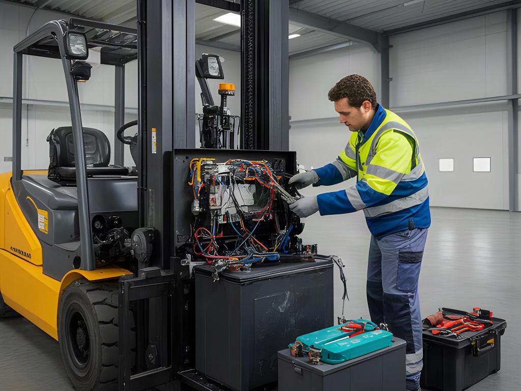 Técnico realizando mantenimiento en el sistema eléctrico de un montacargas industrial