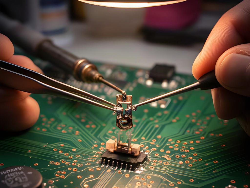 Detalle de una reparación de conector en una placa de circuito sobre una superficie de trabajo
