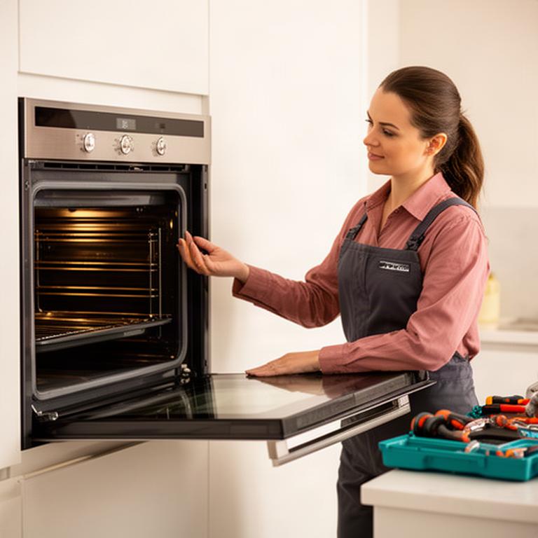 Técnica revisando el panel de control de un horno doméstico