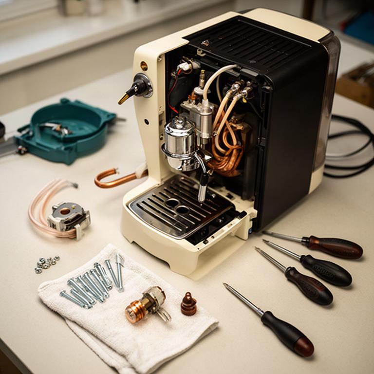 Cafetera doméstica desmontada con piezas limpias y herramientas de reparación alrededor