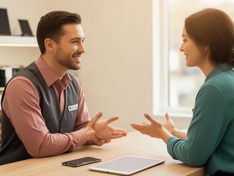Profesional atendiendo una consulta de servicio en un mostrador de reparación de Sabadell
