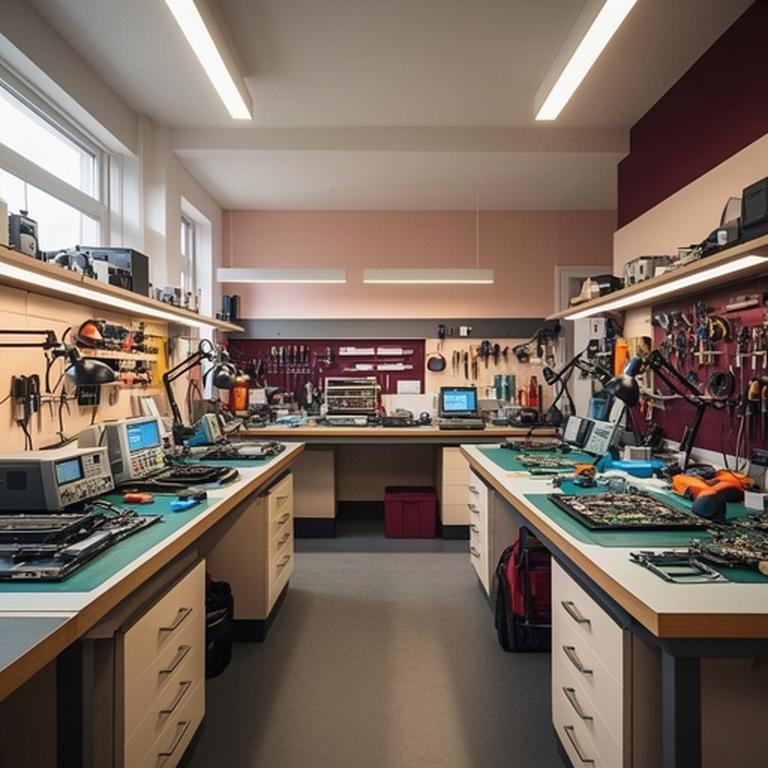 Interior ordenado de un taller de reparación con bancos de trabajo y equipos electrónicos