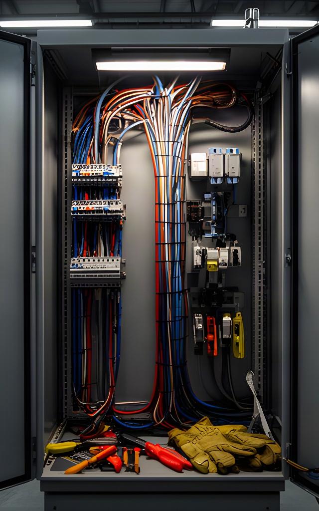Armario de control industrial abierto con cableado identificado y herramientas de mantenimiento