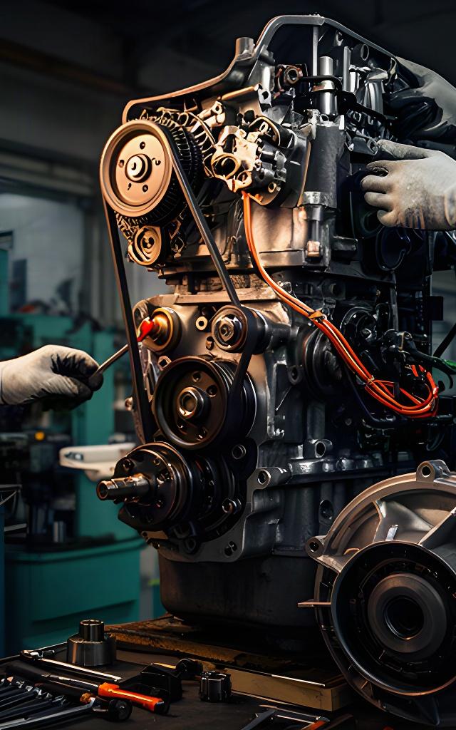 Motor de maquinaria industrial revisado con las protecciones retiradas en un taller
