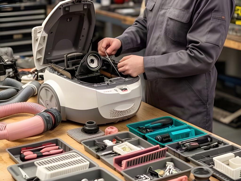 Profesional reparando un aspirador doméstico junto a piezas clasificadas