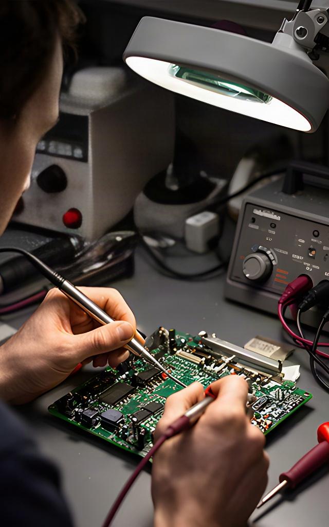 Técnico realizando un diagnóstico con instrumental sobre una placa electrónica