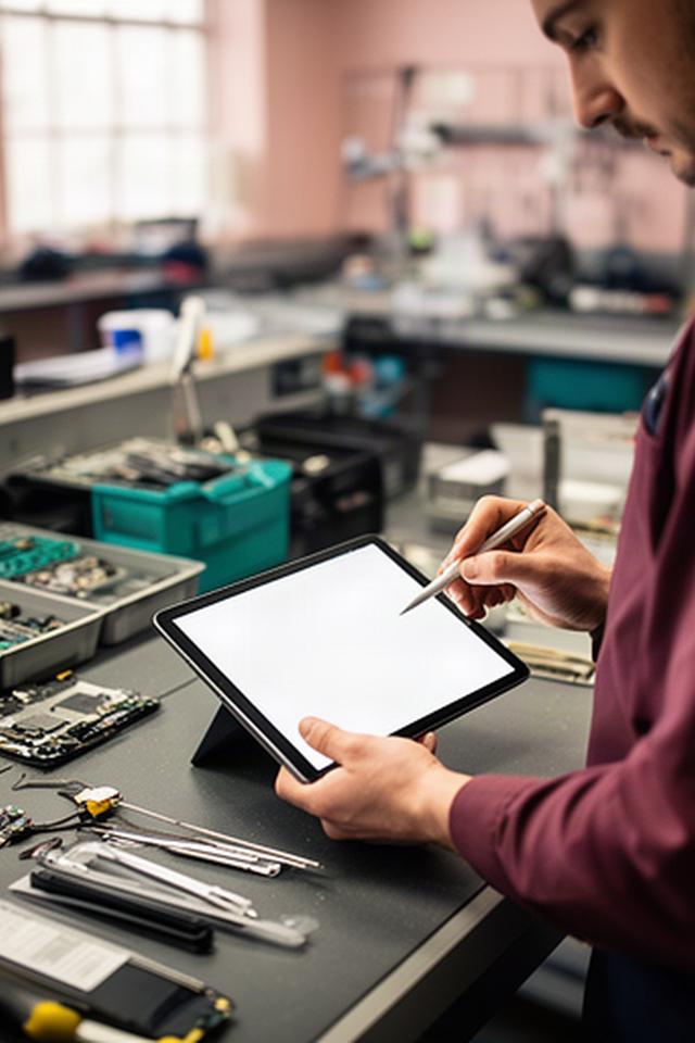 Técnico de reparación anotando datos de un equipo en una tableta dentro del taller