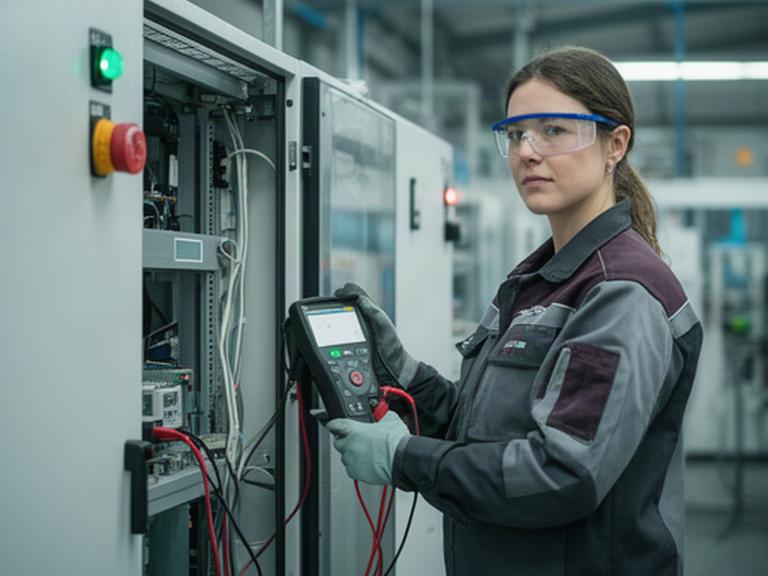 Técnica realizando pruebas de seguridad en un equipo industrial con instrumentos de medición