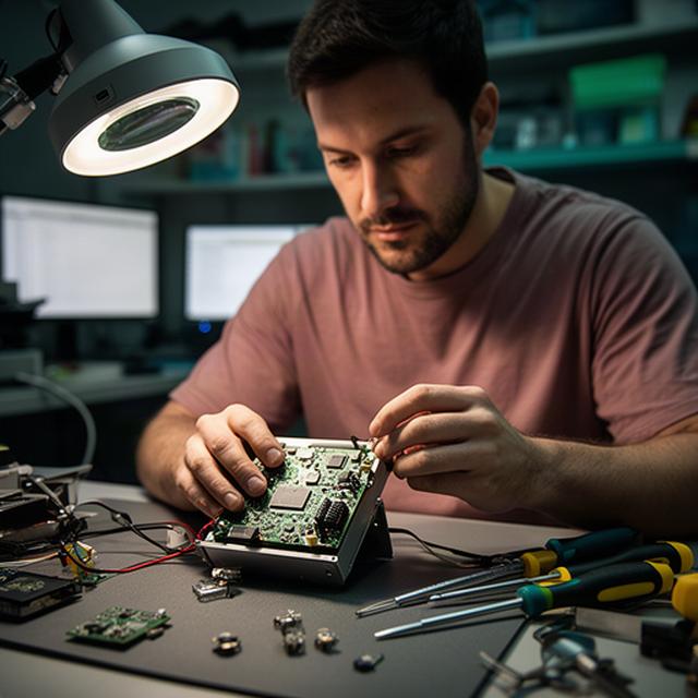 David, experto en electrónica de consumo, comprobando un dispositivo en su banco de trabajo